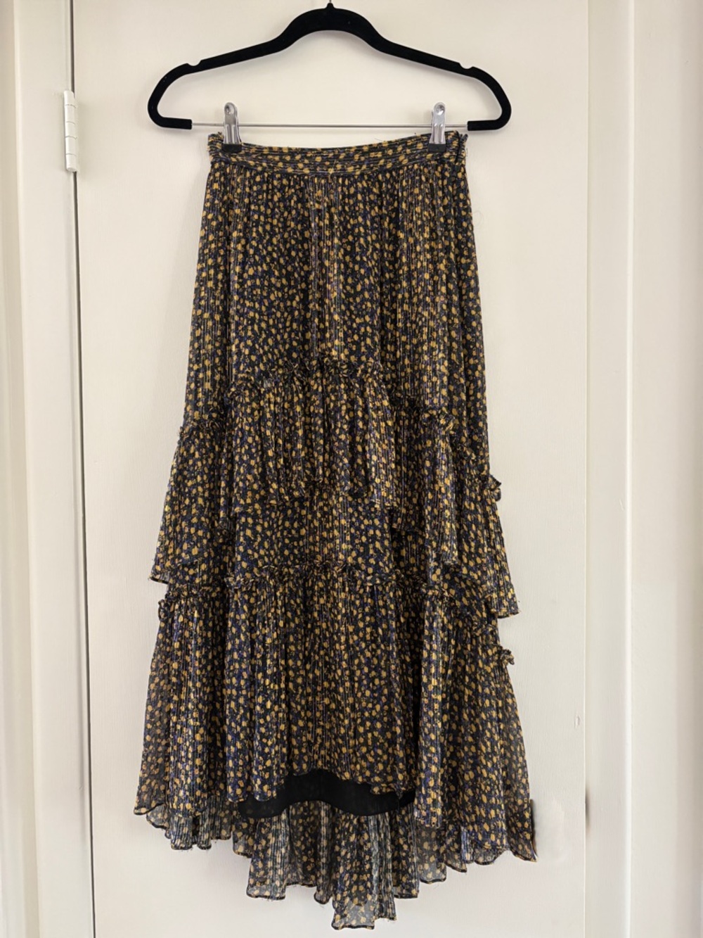 Ulla Johnson Blue & Mustard Tiered Floral High-Low Skirt